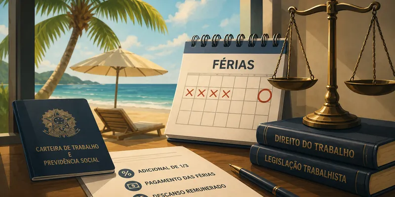 Funcionário preocupado olhando para o notebook com mala de viagem ao lado, representando trabalho durante as férias