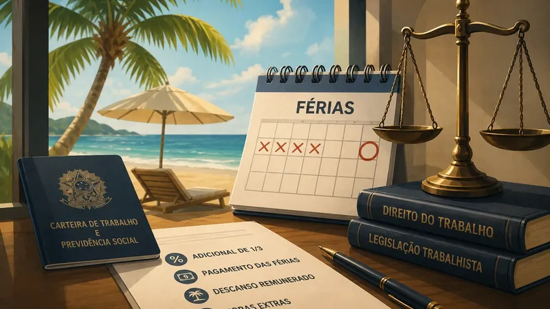 Funcionário preocupado olhando para o notebook com mala de viagem ao lado, representando trabalho durante as férias