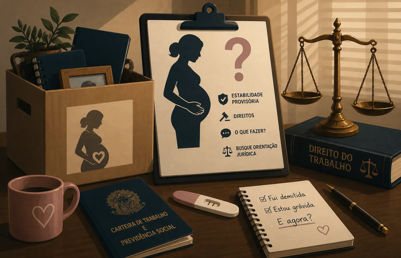 Mulher grávida segurando a barriga e olhando para um documento de demissão, simbolizando dúvidas sobre direitos trabalhistas.