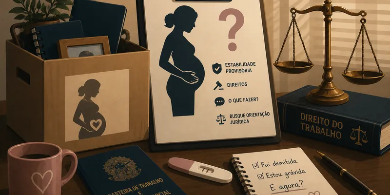Mulher grávida segurando a barriga e olhando para um documento de demissão, simbolizando dúvidas sobre direitos trabalhistas.
