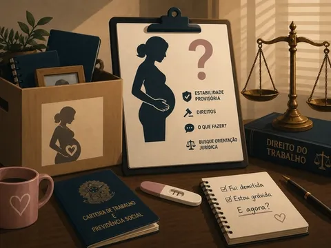 Mulher grávida segurando a barriga e olhando para um documento de demissão, simbolizando dúvidas sobre direitos trabalhistas.