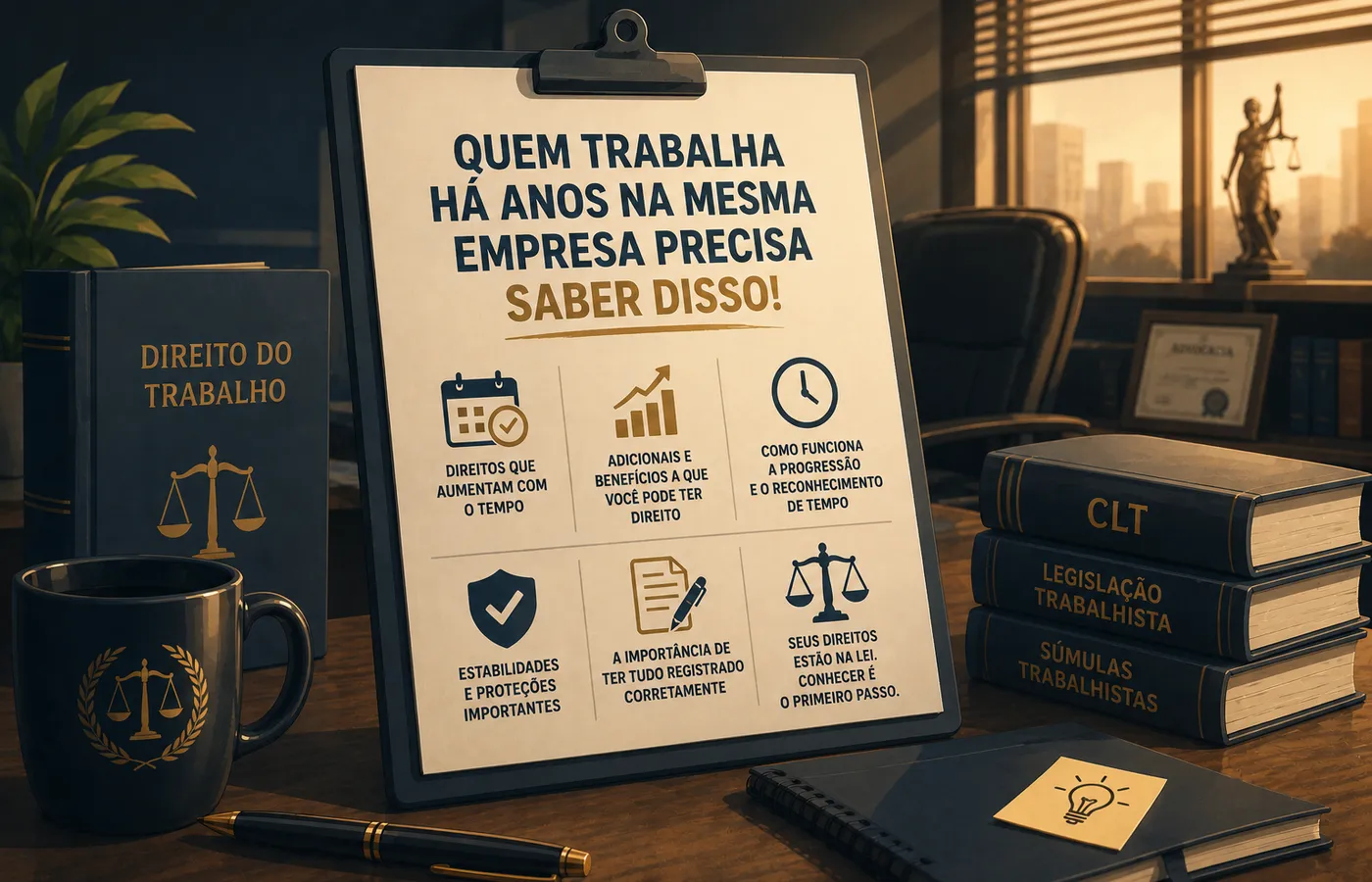 Advogado trabalhista atendendo trabalhador em escritório, explicando prazos para entrar com processo após sair do emprego