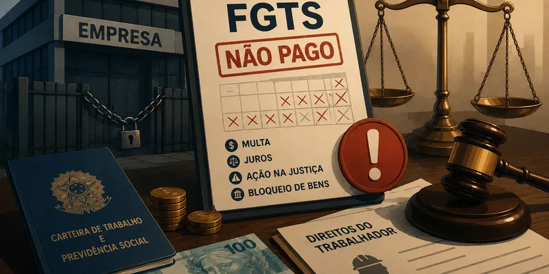 Ilustração de carteira de trabalho e moedas representando o FGTS não pago pela empresa