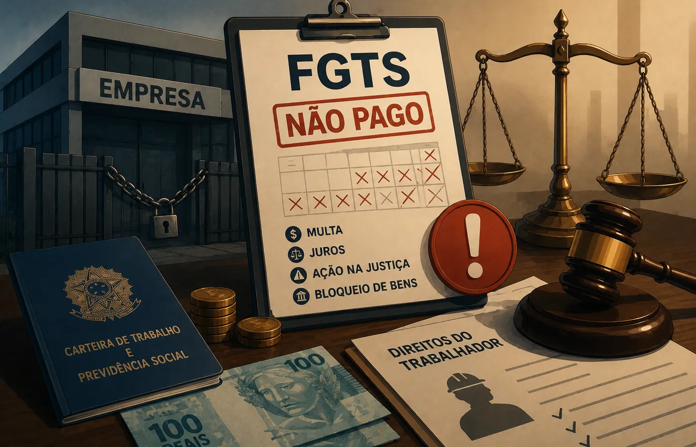Ilustração de carteira de trabalho e moedas representando o FGTS não pago pela empresa