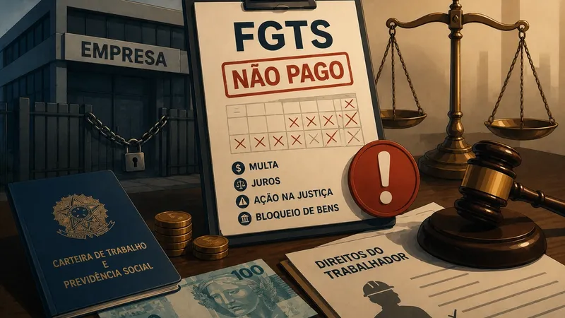 Ilustração de carteira de trabalho e moedas representando o FGTS não pago pela empresa