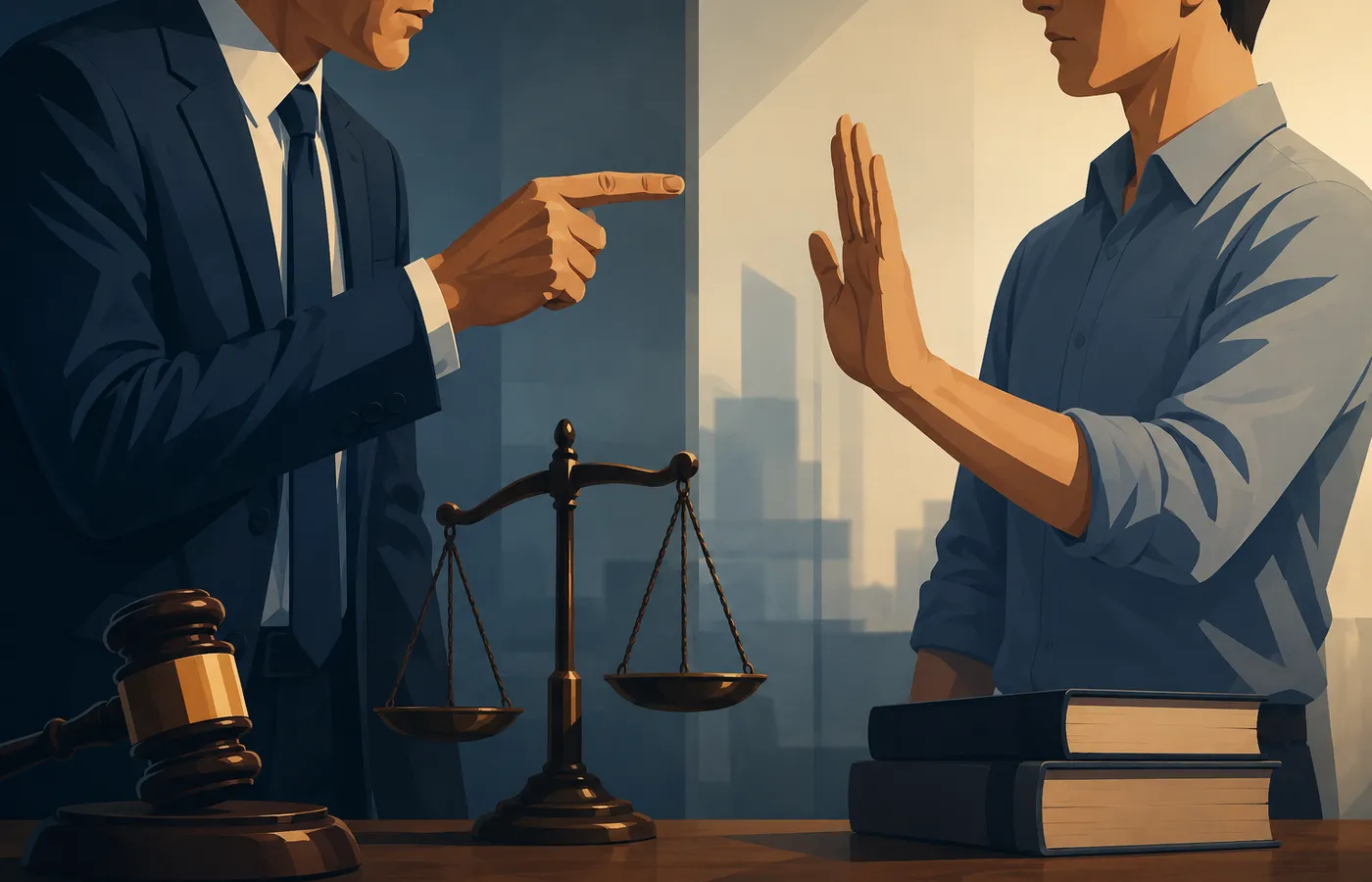 Capa com trabalhador e empregador em um escritório, simbolizando a relação de subordinação e o direito de recusar ordens ilegais ou abusivas.