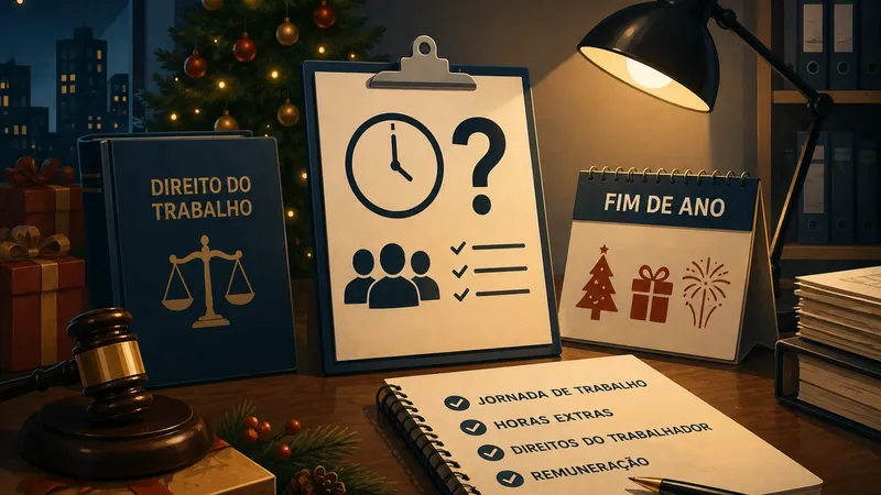 Funcionário de comércio em período de festas de fim de ano, com vitrines natalinas ao fundo, representando a discussão sobre obrigação de fazer horas extras.
