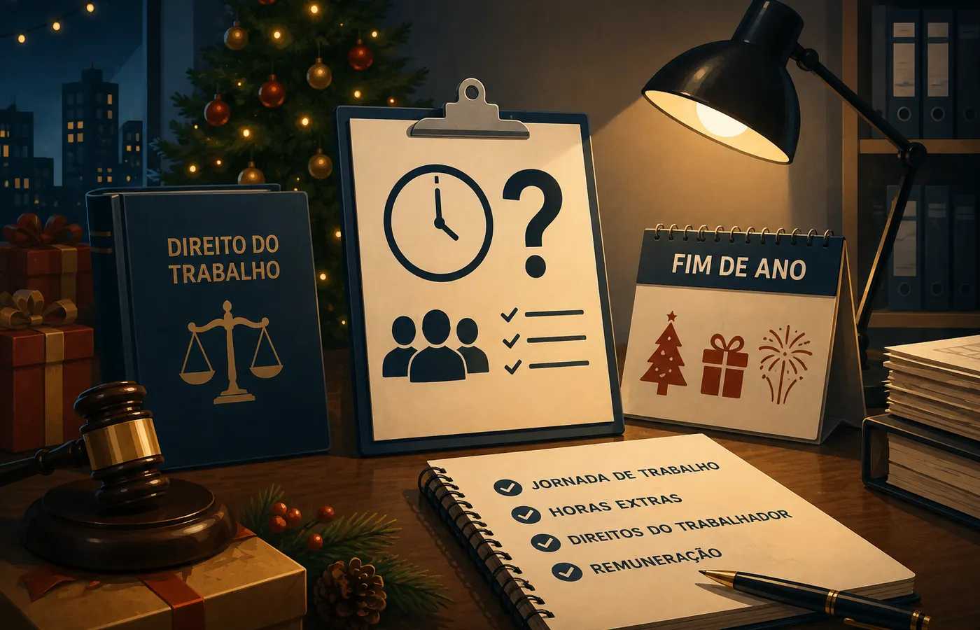 Funcionário de comércio em período de festas de fim de ano, com vitrines natalinas ao fundo, representando a discussão sobre obrigação de fazer horas extras.
