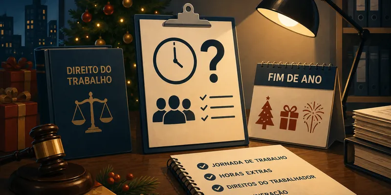 Funcionário de comércio em período de festas de fim de ano, com vitrines natalinas ao fundo, representando a discussão sobre obrigação de fazer horas extras.