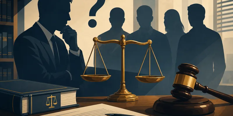 Juiz, martelo e documentos trabalhistas sobre a mesa, representando um processo trabalhista com possíveis testemunhas.