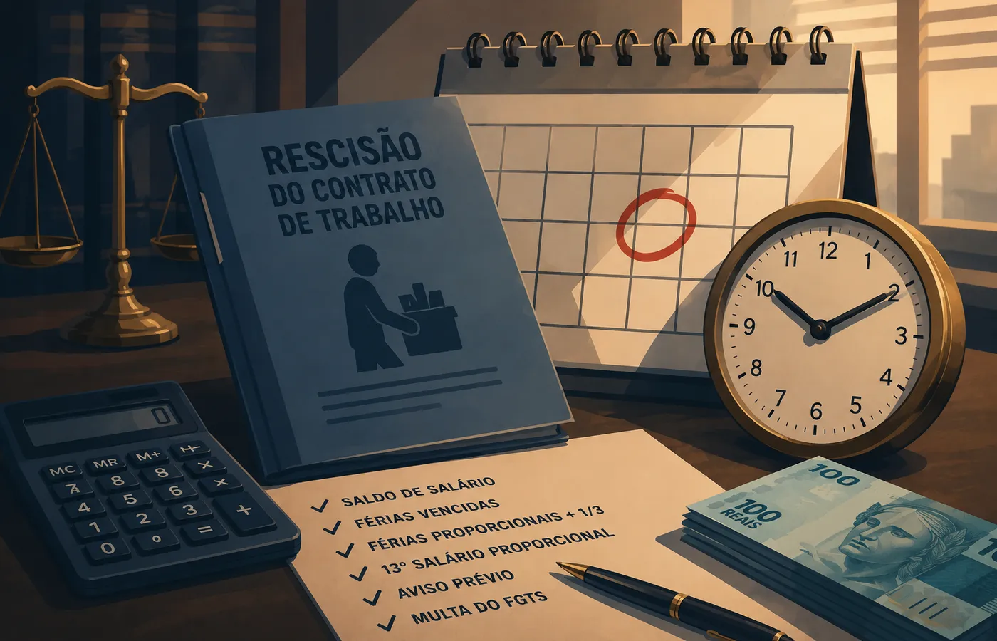 Pessoa segurando carteira de trabalho ao lado de um calendário, simbolizando o prazo para pagamento das verbas rescisórias.