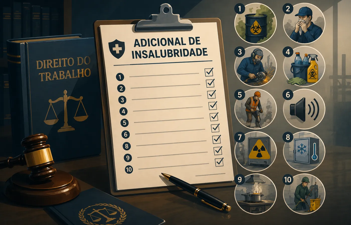 Profissionais de diferentes áreas expostos a condições insalubres, como limpeza, saúde, construção civil e indústria